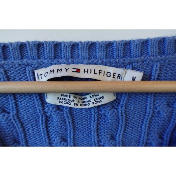 Vintage 90s Tommy Hilfiger Sweater Womens Medium Blue Cutoff Boxy Cropped Grunge - Picture 2 of 6